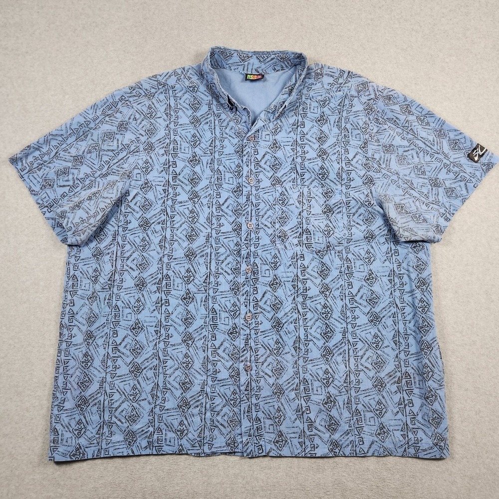 Vintage Hobie Shirt Mens 2XL Blue Geometric Button Up Short Sleeve Made In USA